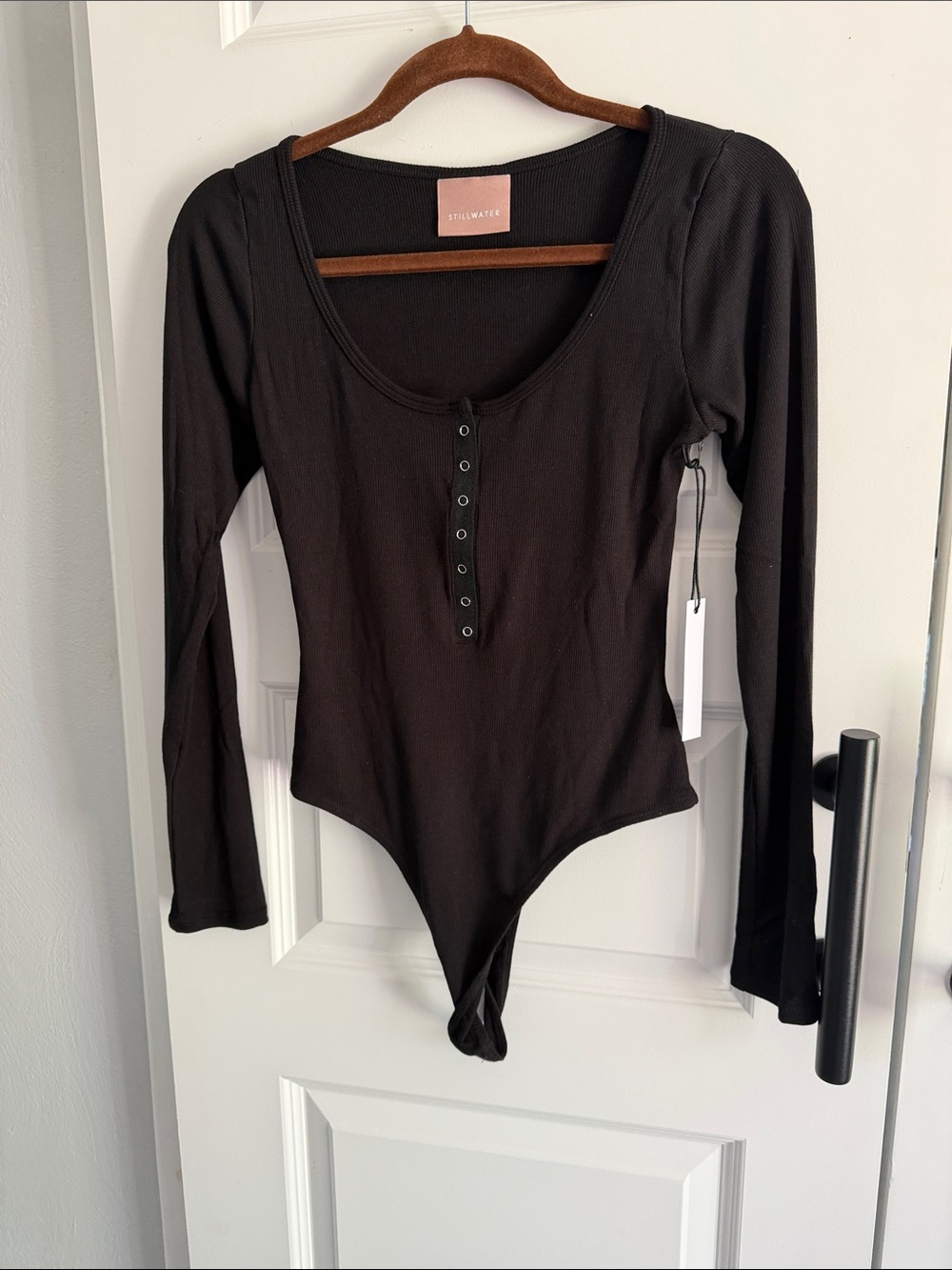 Stillwater Black Long-Sleeve Ribbed Henley Bodysuit large
